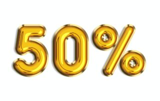 50% off discount promotion sale made of realistic 3d gold helium balloons. Illustration of golden